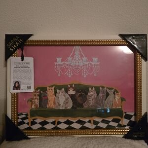 Sapna Shah Cats In Sofa Pink Cat Lounging Portrain Framed Wall Hanging Picture